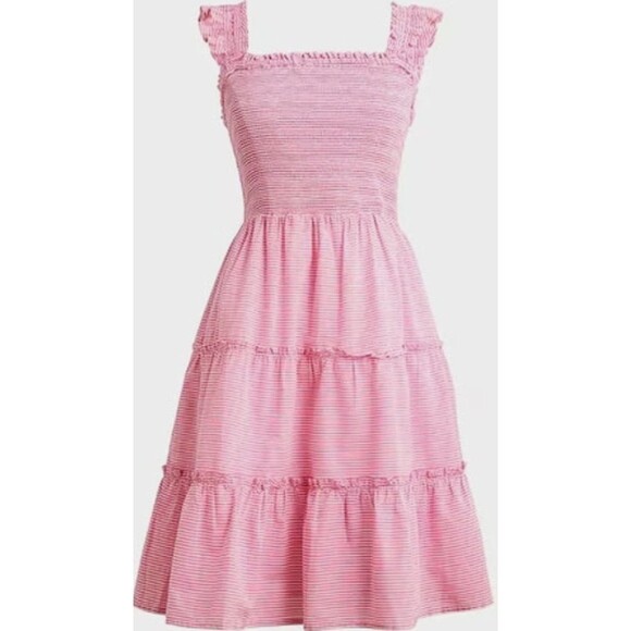 J. Crew Smocked Mini Dress Medium Tiered Pink Striped Ruffle Cottage Prairie - Picture 1 of 9